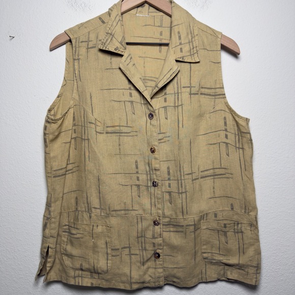 Tops - Women 100% Linen Tunic Sleeveless Top Large Tan Abstract Pockets Artsy Coastal